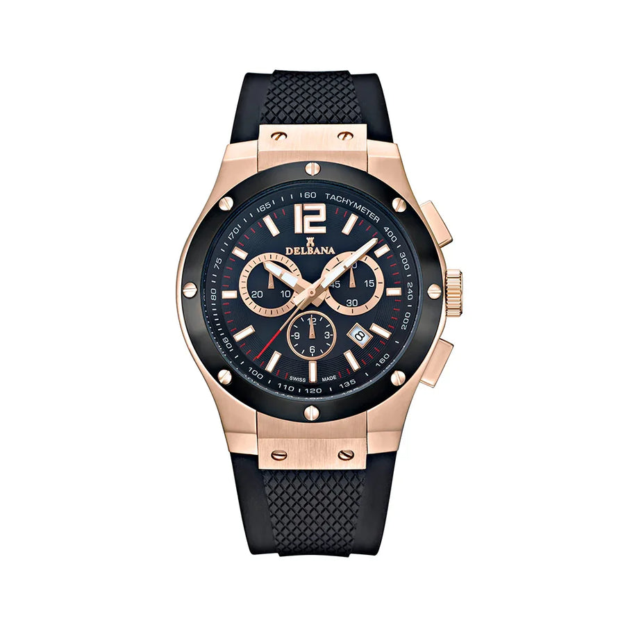 DELBANA Rose Gold Case Black Bezel, Matt Black Dial Black Silicone Strap 73501.578.6.034_2025